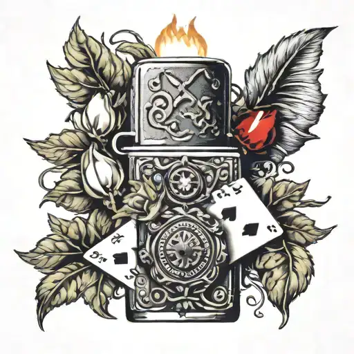 An old lighter surrounded by a wreath of playing cards tattoo design idea