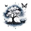 A design showing transformation and a beautiful life, including a tree of life, butterflies, lotus, watercolors, and a p tattoo design idea