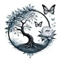 A design showing transformation and a beautiful life, including a tree of life, butterflies, lotus, watercolors, and a p tattoo design idea
