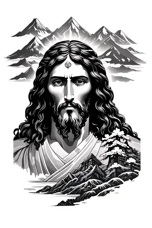 Japanese Mountains Jesus Christ's tattoo design idea