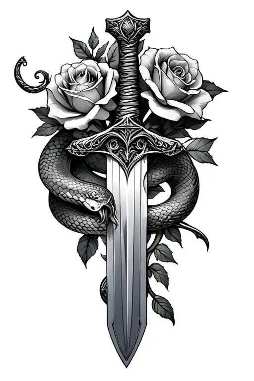 sword with snake coiled and roses blooming tattoo design idea