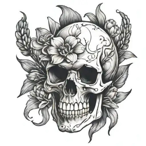 skull hand merging into a hyacinth flower at the base tattoo design idea