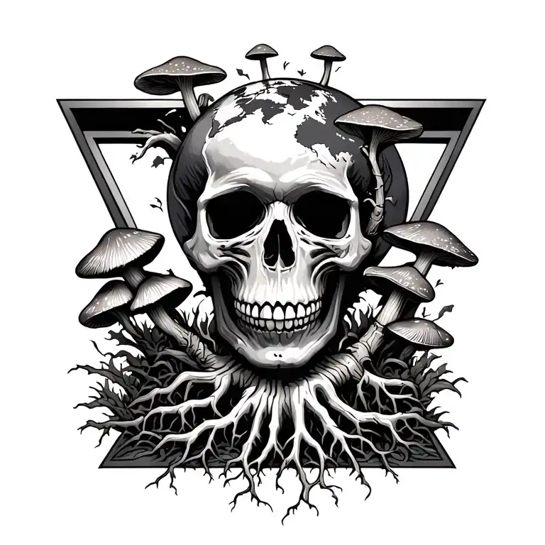 skull with mushrooms growing out of it inside of the triangle earth symbol with roots reaching outwards  tattoo design idea