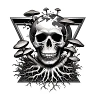 skull with mushrooms growing out of it inside of the triangle earth symbol with roots reaching outwards  tattoo design idea