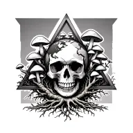 skull with mushrooms growing out of it inside of the triangle earth symbol with roots reaching outwards  tattoo design idea