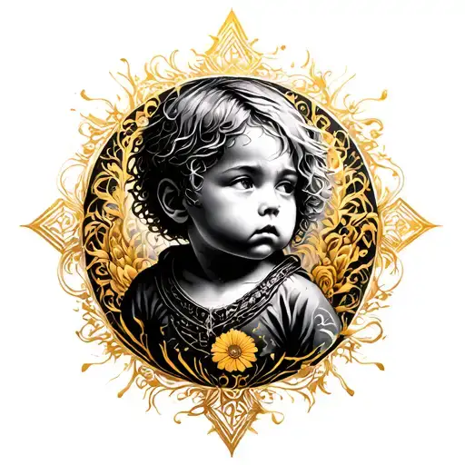 golden child surrounded tattoo design idea