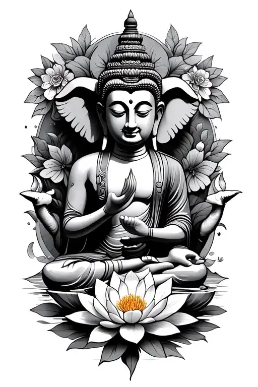 Laos Buddha with elephant next to it with lotus flower around them tattoo design idea