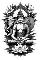 Laos Buddha with elephant next to it with lotus flower around them tattoo design idea