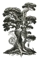 yggdrasil tree and valkyrie warrior woman tattoo design idea