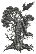 yggdrasil tree and valkyrie warrior woman tattoo design idea
