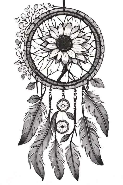 tree of life dreamcatcher with large feathers hanging and sunflower on top tattoo design idea