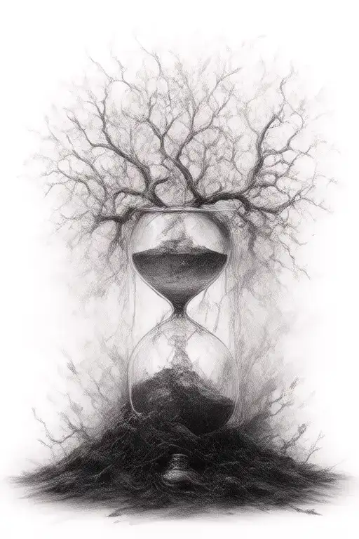 defoliated tree and broken sandless hourglass filled with no leaves tattoo design idea