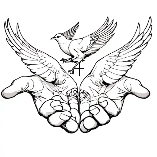 2 hands open with a bird. With a cross tattoo design idea