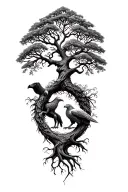 tree of life oak tree intertwined traces of lion and eagle  tattoo design idea