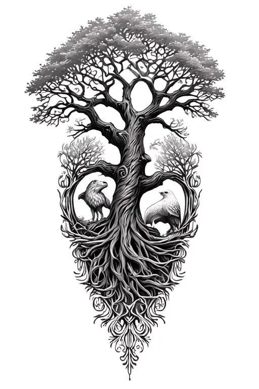 tree of life oak tree intertwined traces of lion and eagle  tattoo design idea