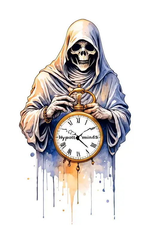 a grim reaper holding a time piece featuring the words " hypnotize minds"  tattoo design idea