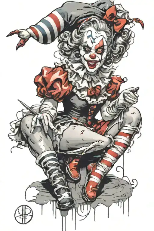 A pin-up girl artist painting a colorful mural of clowns on a black and grey canvas tattoo design idea