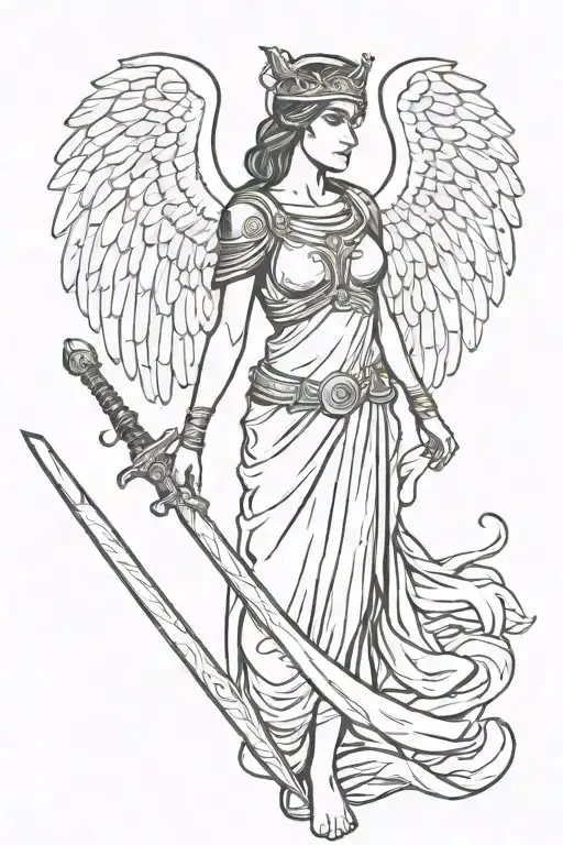 Athena with wings. One wing broken. Looks like she had a fight. Looks directly at you with strong eyes. Sword in hand tattoo design idea