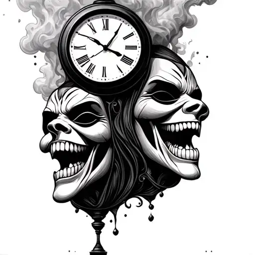 laugh now cry later evil masks dissolving into smoke hour glass souls Salvador Dali clock prison bars tattoo design idea