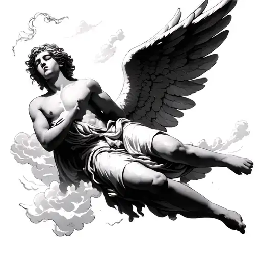 create a tattoo for me just light Japanese style tattoo angel who is in agony and clouds are flying from him tattoo design idea