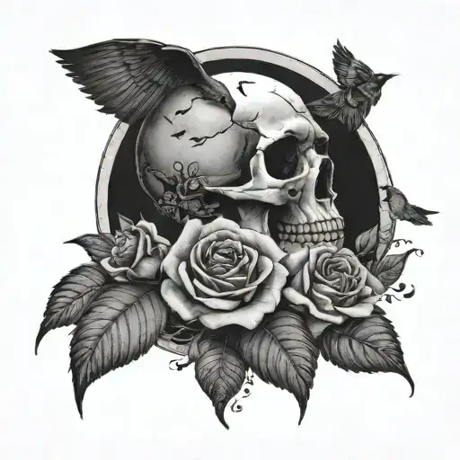  quarter moon with skull,roses and black birds,dark tattoo design idea