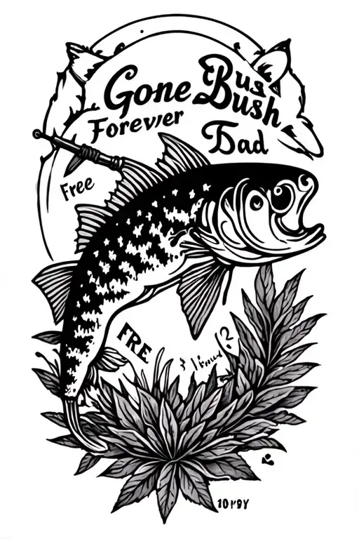"   Gone Bush Forever Free Dad" "Gone Bush Forever Free " memorial tattoo for dad who loved fishing and hinting tattoo design idea