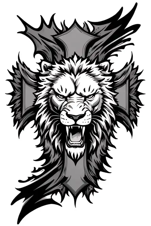 cross with a angry lions face inside the outline of the cross  tattoo design idea