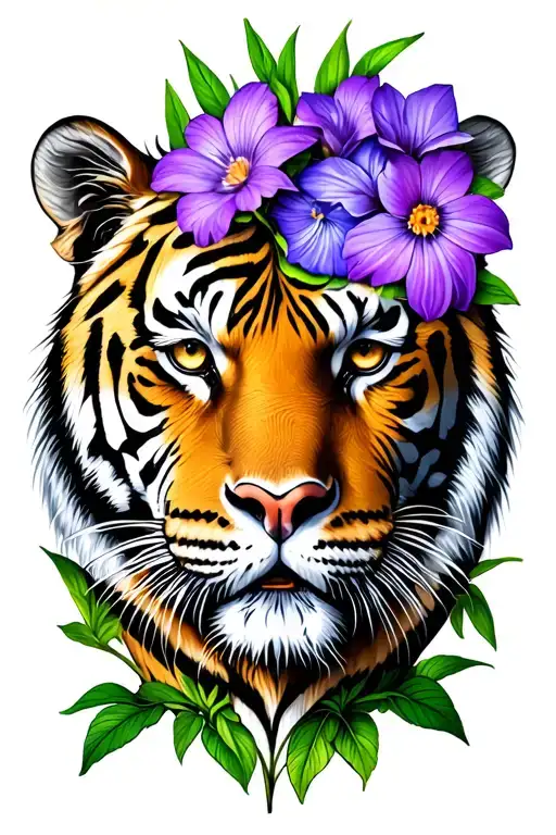 tiger face with pretty purple flowers growing up from the head tattoo design idea