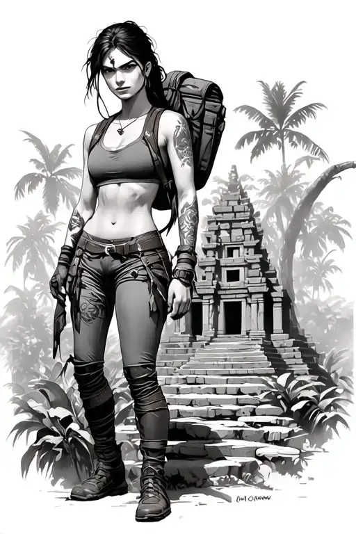 Lara Croft in front of an ancient jungle temple. She is wearing a long tanktop, hotpants and a backback. tattoo design idea