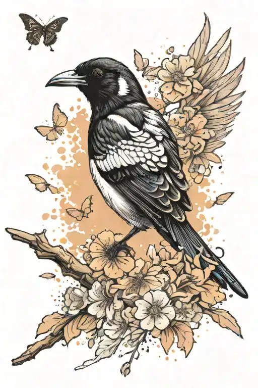 magpie perched looking over wing, moth flying above, flower petals and dust swirling tattoo design idea