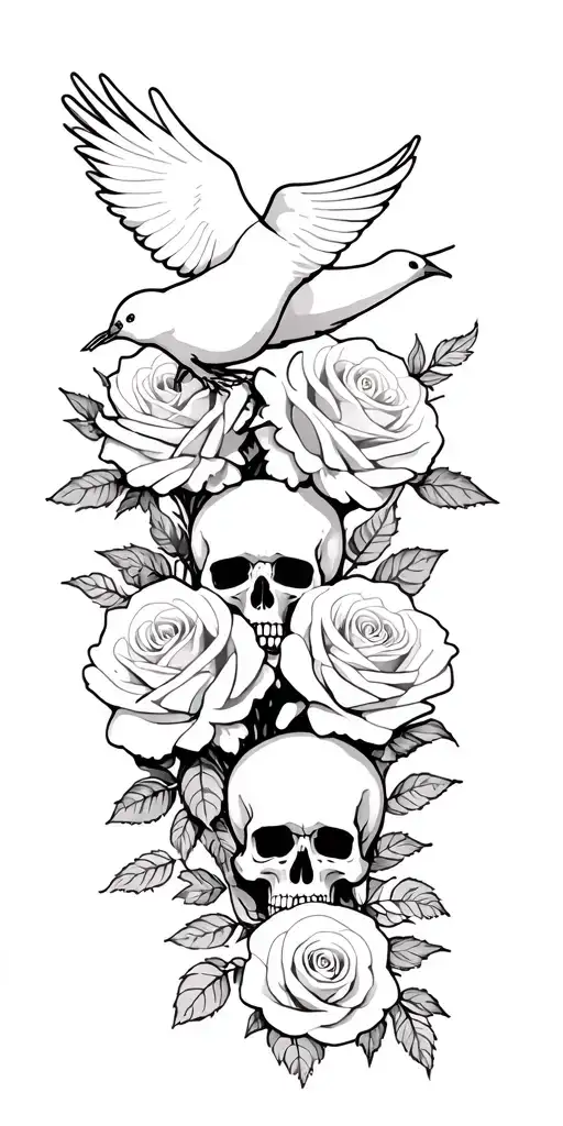 Doves, roses and skulls in the woods tattoo design idea