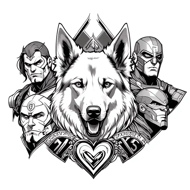 white german shepheard head in the center and a heart underneath, some superheroes around as Guardians. tattoo design idea