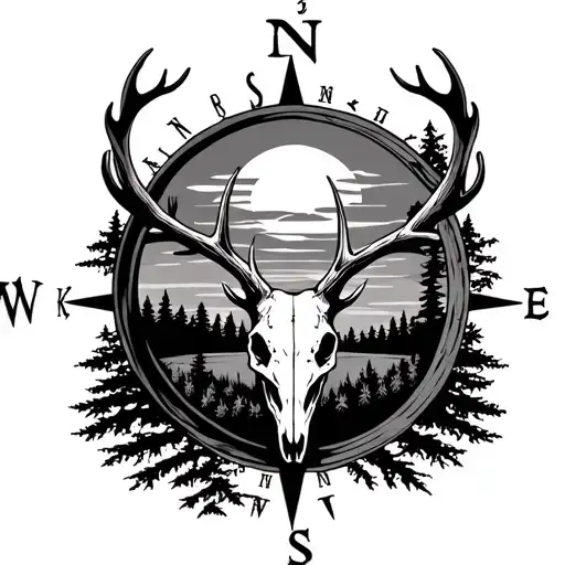 a detailed forest with a deer skull with a sunset depicted by a compass tattoo design idea