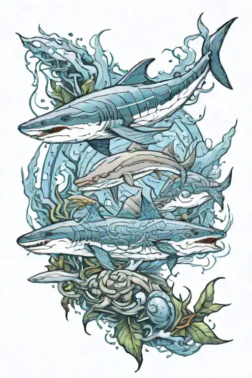 An underwater trident with blue lightning around it. Also a shark, dolphin, and turtle swimming around it. m tattoo design idea