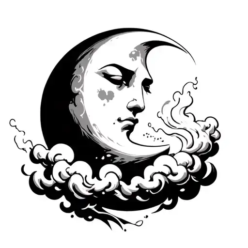a moon with a face blowing smoke that turns into clouds  tattoo design idea