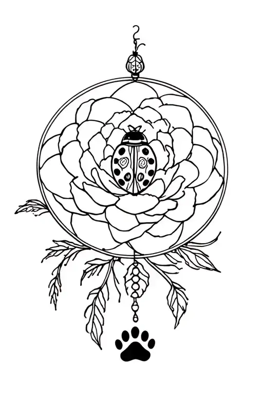lady bug sitting on a peony flower moon dream catcher, and small paw print tattoo design idea
