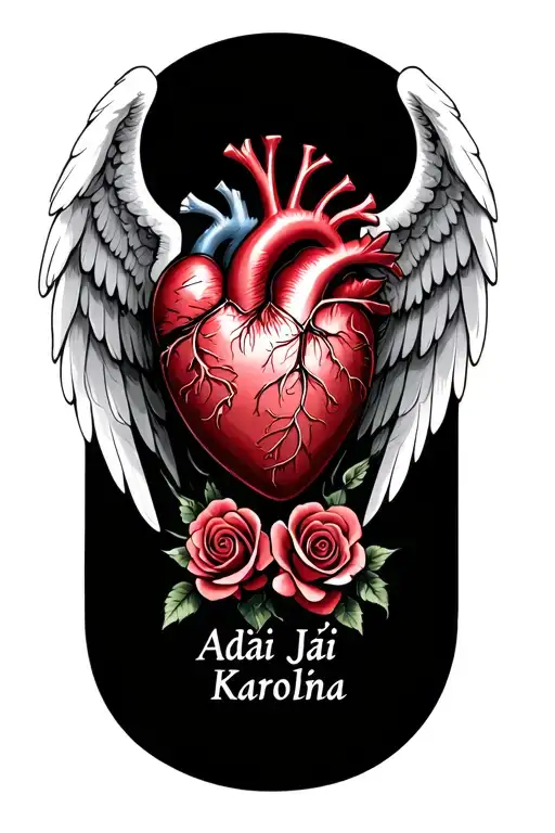The angel's wings protect the heart, the names of Adaś, Jaś, Karolina are written at the heart. The heart is wrapped in roses tattoo design idea