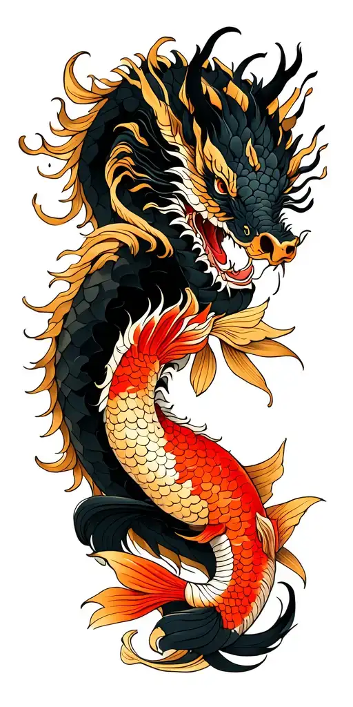 traditional japanese tattoo with black and golden dragon and koi fishes tattoo design idea