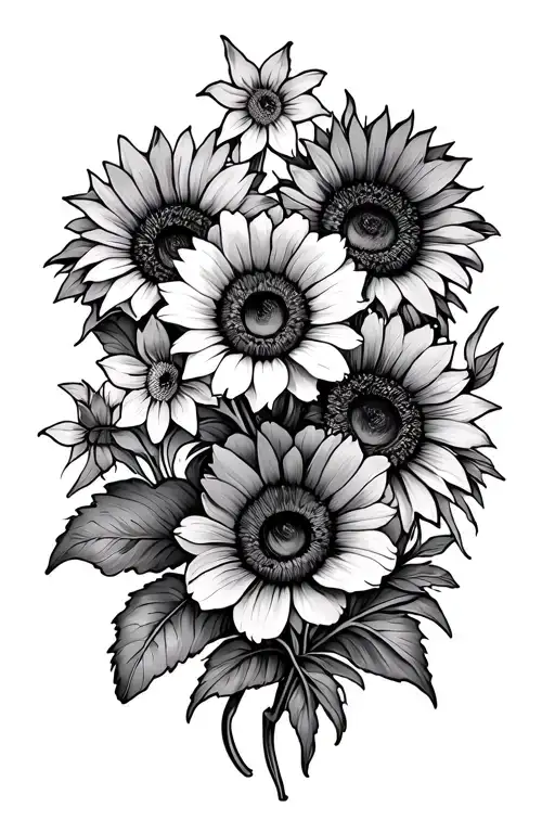 Black and white line drawing hip and upper thigh tattoo with Sunflowers, poppies, iris, violet, honeysuckle, daffodils,  tattoo design idea