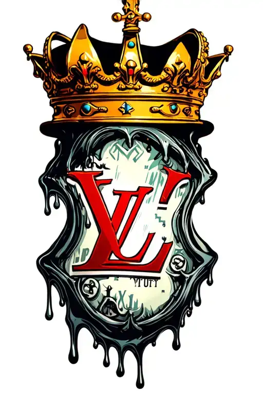  want the Lv logo on a evil gangsta. Money bag with the 5 point Crown slightly to the left on top of the LV logo drippin tattoo design idea
