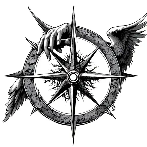 index finger of God of death angel try to touch index finger of man with elven mystical tree in between compass lines  tattoo design idea
