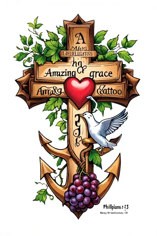 a cross made from the words amazing grace, a heart, an anchor, a grape vine, a dove, Phillipians 4:13 tattoo design idea
