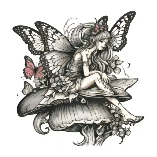fairy sitting on a mushroom reading a book with butterflies flying around  tattoo design idea