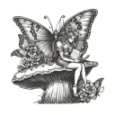 fairy sitting on a mushroom reading a book with butterflies flying around  tattoo design idea