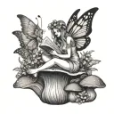 fairy sitting on a mushroom reading a book with butterflies flying around  tattoo design idea
