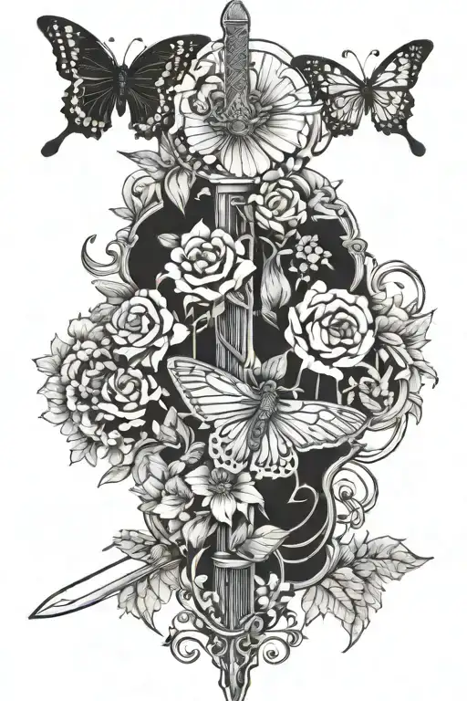 floral and and a butterfly with a sword intertwined centered between flowers tattoo design idea