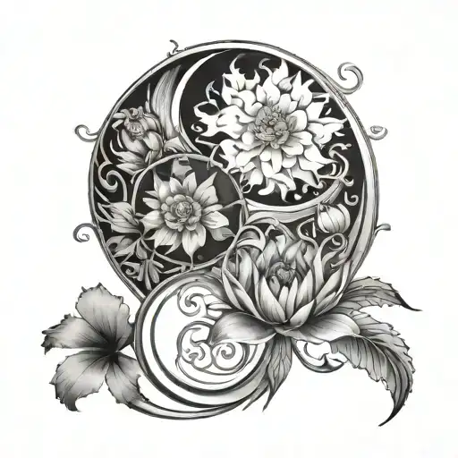 yin yang symbol where the Yin is made of black and grey waterlilies orchids and carnations  tattoo design idea