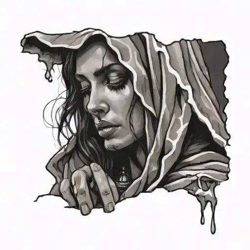 a woman like Jesus whose eyes are covered with a cloth that sheds tears and holds a tool for inhaling crystal meth tattoo design idea