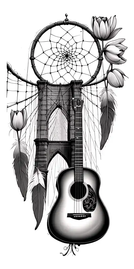 Brooklyn bridge, dream catcher with 4 feathers, a Spanish guitar, water and tulips tattoo design idea
