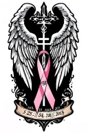 angel wings with the dates on it 5/25/1938 - 6/20/2018 and 12/28/1934 - 7/03/2017 and a cross a cancer ribbon tattoo design idea